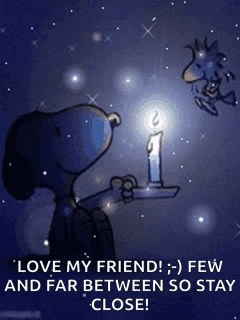 a cartoon of snoopy and woodstock holding a candle with the words " love my friend "