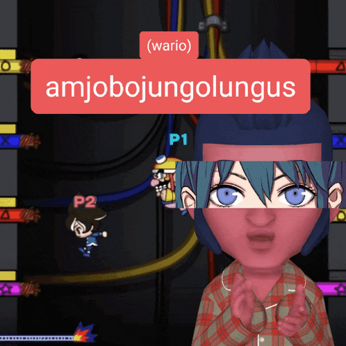 a cartoon character with a red sticker that says amjobojungolungus on it
