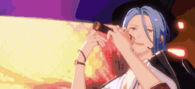 a man with blue hair is holding a microphone in his hand and looking through a telescope .