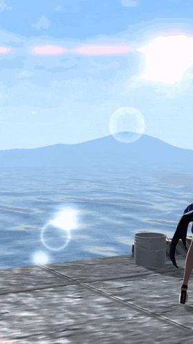 a computer generated image of a person standing on a dock overlooking the ocean