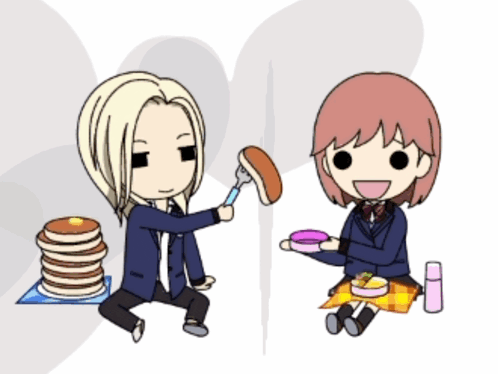 a cartoon of a girl holding a pink container and a boy holding a hot dog