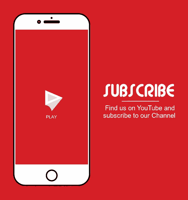 a phone with a play button on the screen and a sign that says subscribe find us on youtube and subscribe to our channel