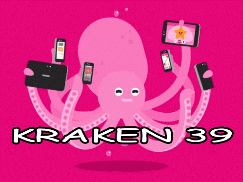 a pink octopus is surrounded by cell phones and tablets and the words kraken 39
