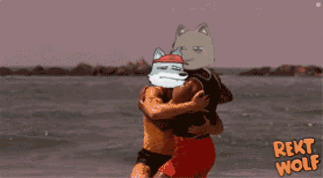 a cartoon of two men hugging with the words " reki wolf " on the bottom left