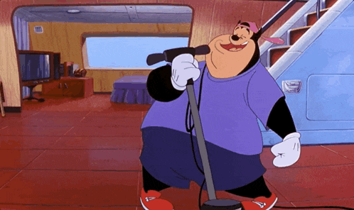 a cartoon character singing into a microphone in a room with stairs