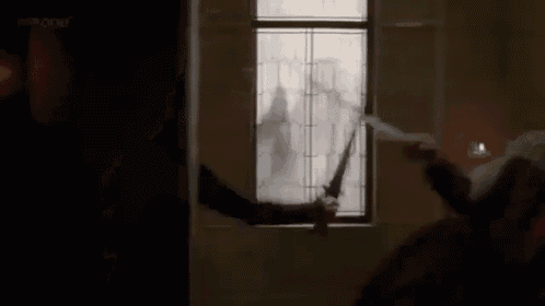 a person is holding a sword in front of a window in a room .