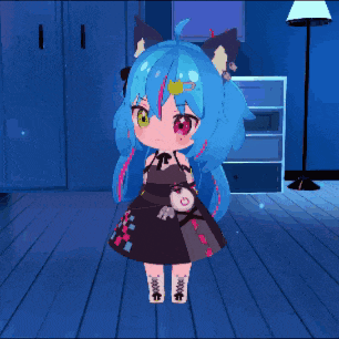 a little girl with blue hair and a black dress is standing in a room