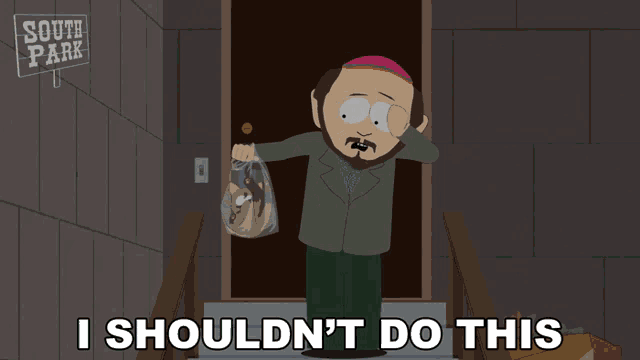 a cartoon of a man holding a bag with the words " i should n't do this " below him