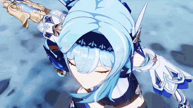 a blue haired anime character with a sword in her hand