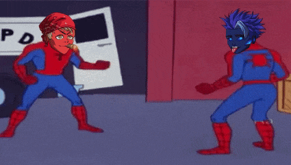 a cartoon of two spidermans talking to each other