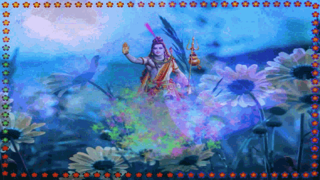 a painting of a man surrounded by flowers with a blue background