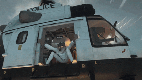 a cartoon character is jumping out of a police car
