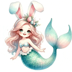 a mermaid with bunny ears and a wreath of eggs on her head .