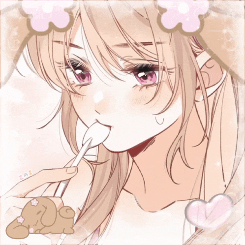 a drawing of a girl with a lollipop in her mouth and a teddy bear laying next to her