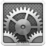a black and white icon of a gear with the word admin written on it .