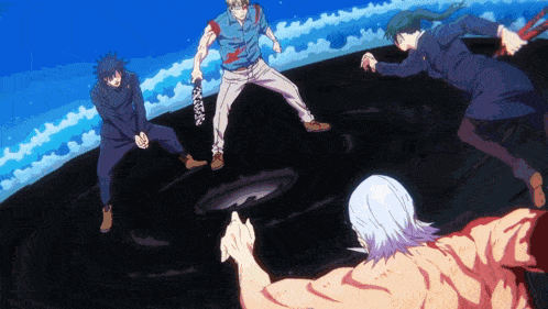 a group of anime characters are standing around a man with a sword