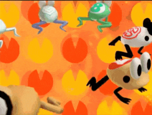a bunch of cartoon characters are flying in the air and one has the number 32 on it