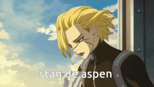 a cartoon of a man smoking a cigarette with the name stan de aspen below him