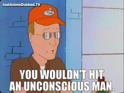 a cartoon of a man wearing an orange hat that says " you wouldn 't hit an unconscious man "
