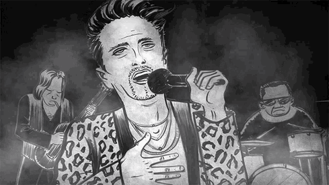 a black and white drawing of a man singing into a microphone with a leopard print jacket