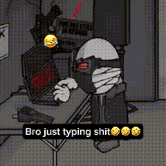 a cartoon character is sitting at a desk with a laptop and a sticker that says bro just typing shit