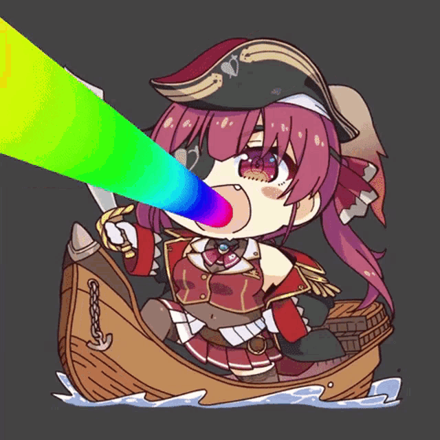a cartoon drawing of a girl in a boat with a rainbow beam coming out of her mouth