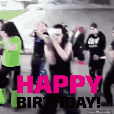 a group of people are dancing and the words happy birthday are visible