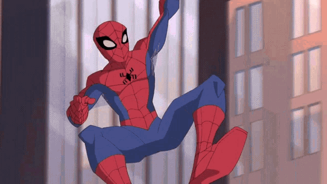 a cartoon of spider-man flying through the air in front of a building