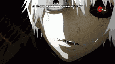 a close up of a person 's face with the words " is there someone inside of me " written above it