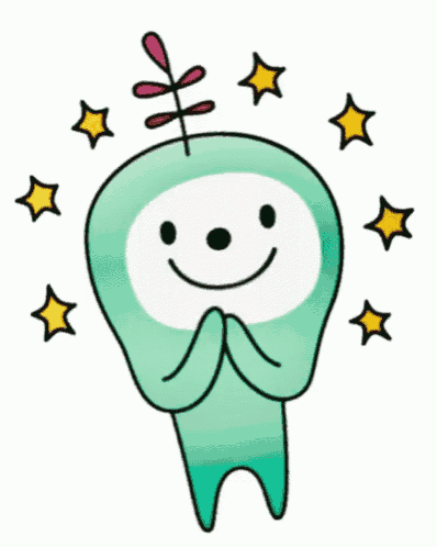 a green cartoon character with a leaf on his head and stars around him