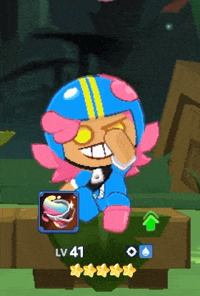 a cartoon character with a blue helmet and pink hair is sitting on a box with lv 41 written on it