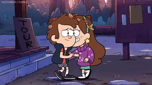a couple of cartoon characters standing next to each other with a sign that says tour in the background