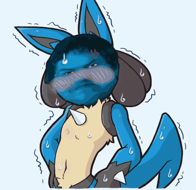a cartoon drawing of a blue pokemon with a red face