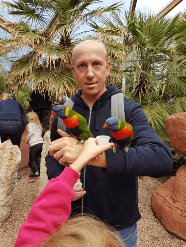 a man holds two colorful birds in his arms