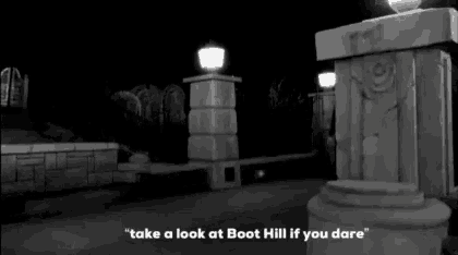 a black and white photo of a cemetery with the words " take a look at boot hill if you dare " on the bottom