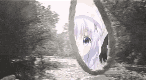 a girl is looking at herself in a mirror in a forest .