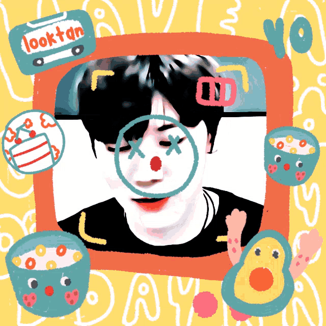a colorful drawing of a boy with a sign that says looktan
