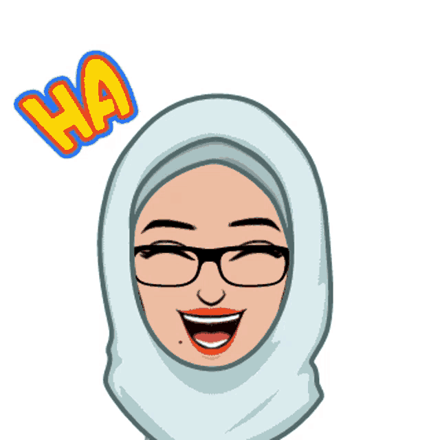 a cartoon of a woman wearing a hijab and glasses with ha ha ha written above her