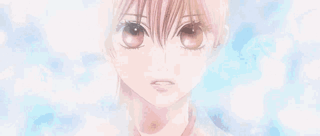 a close up of a girl 's face with a blue sky in the background