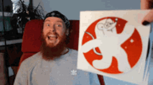 a man with a beard is holding up a picture of a polar bear in a red circle