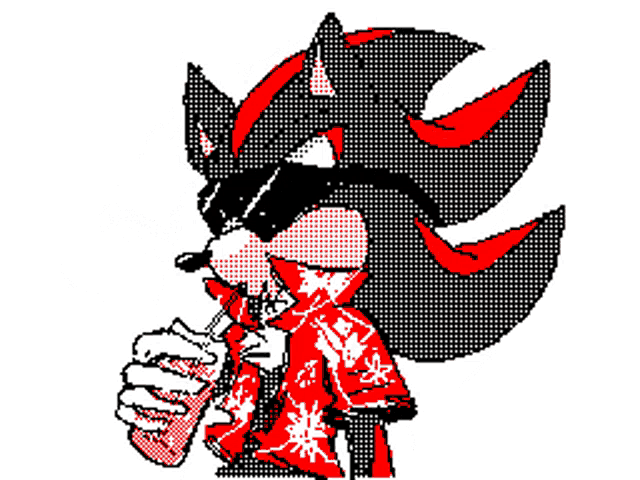 a pixel art of a shadow the hedgehog wearing sunglasses and a red shirt