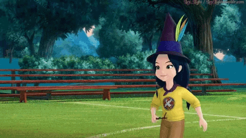 a cartoon girl wearing a feathered hat and a yellow shirt stands on a field
