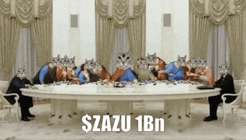 a group of people with cats on their faces sitting around a table with the words $razu 1bn written on the bottom
