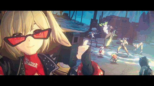 a pixel art of a girl wearing red sunglasses and a jacket that says smack on it
