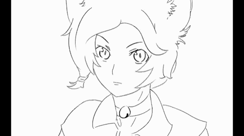 a black and white drawing of a cat girl with a collar on