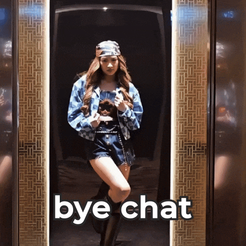 a woman in a denim jacket and shorts is standing in front of an elevator with the words bye chat above her
