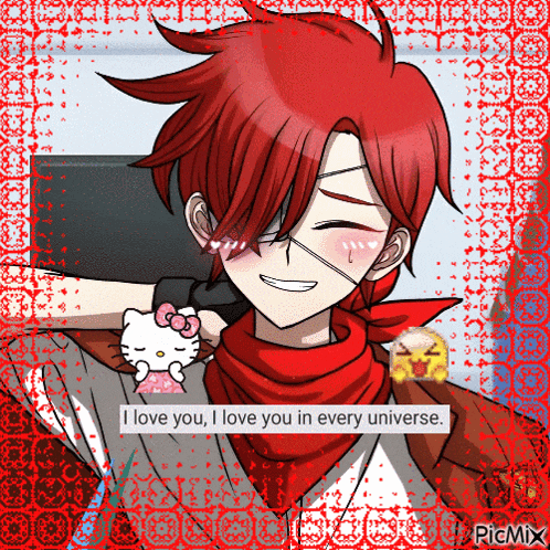 a picture of a boy with red hair holding a hello kitty says i love you in every universe