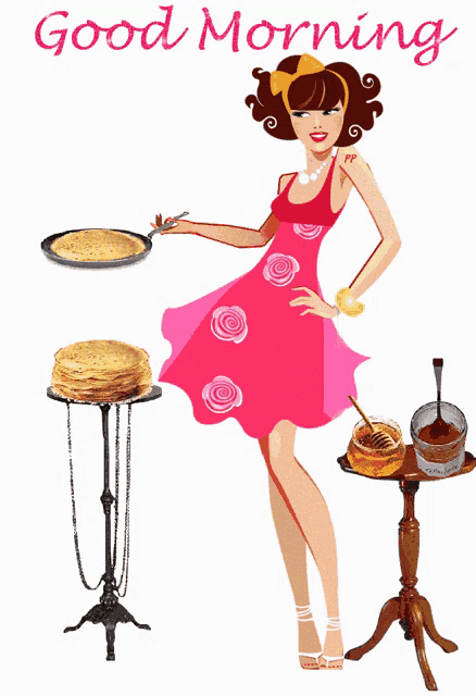 a woman in a pink dress is throwing a pancake in the air with the words " good morning " below her
