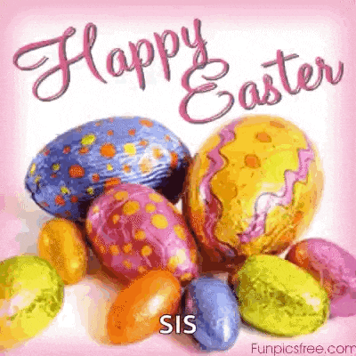 a bunch of colorful easter eggs on a pink background with the words `` happy easter '' written on it .