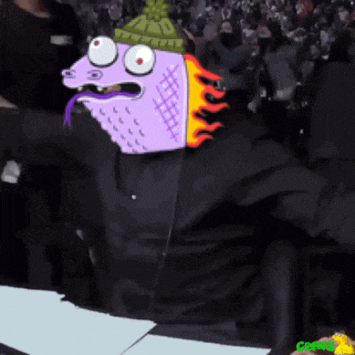 a cartoon drawing of a man with a purple face and a green hat